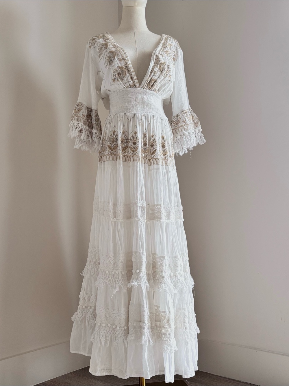 Antica Sartoria Embroidered Sequin Fringe Cotton Boho Maxi Dress One Size - Picture 2 of 7